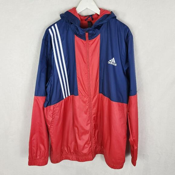 Adidas Windbreaker Men XL Axis Three Stripe Jacket w/ Hood Red Blue ft2718 - Picture 1 of 10